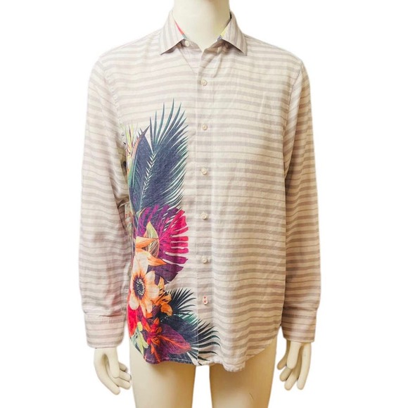 Tommy Bahama Men Linen Blend  Shirt Button Front Closure Floral Palms Print Sz M - Picture 1 of 16